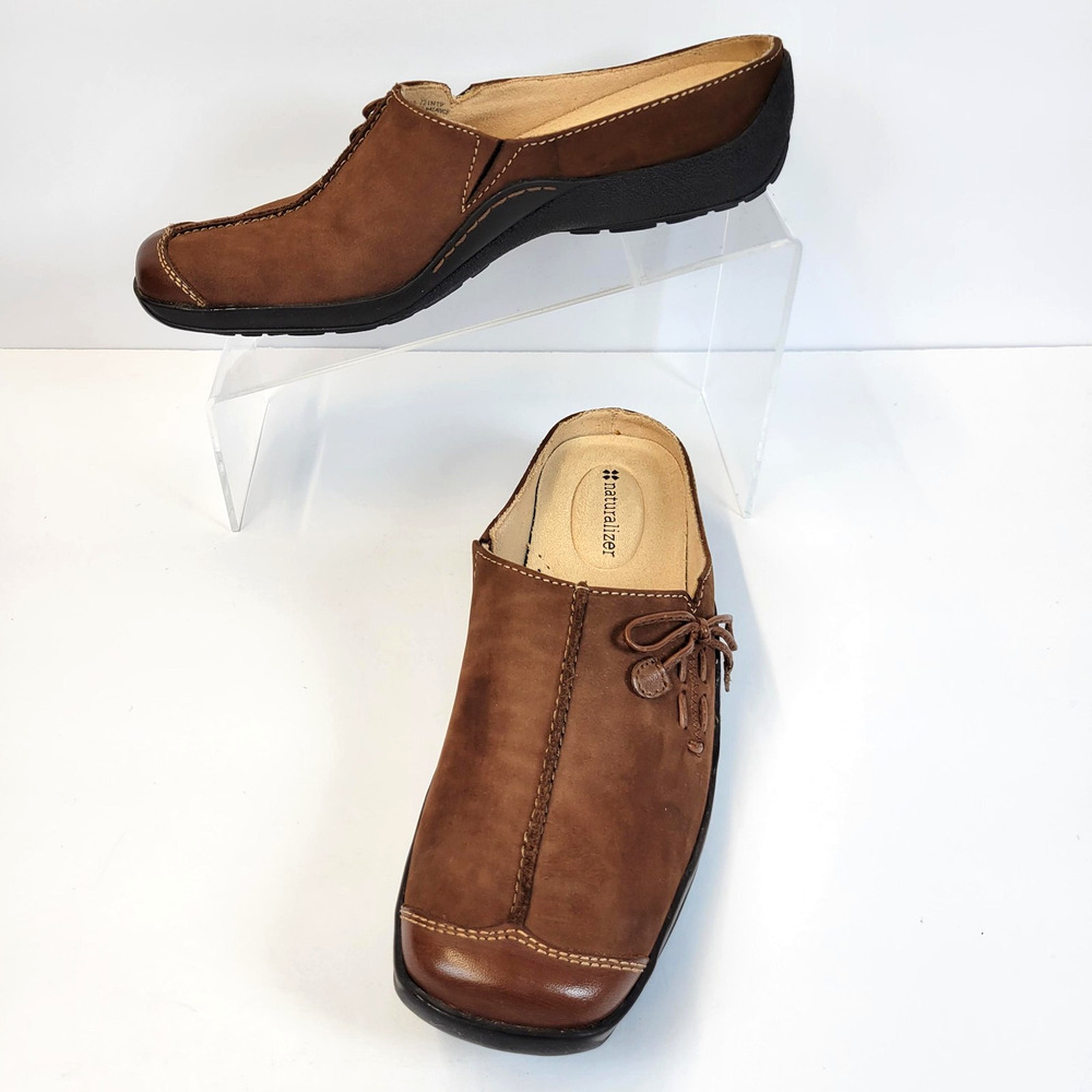 Naturalizer Clog Shoes Womens Size 8-8.5 Brown Leather Bow Slip On Comfort